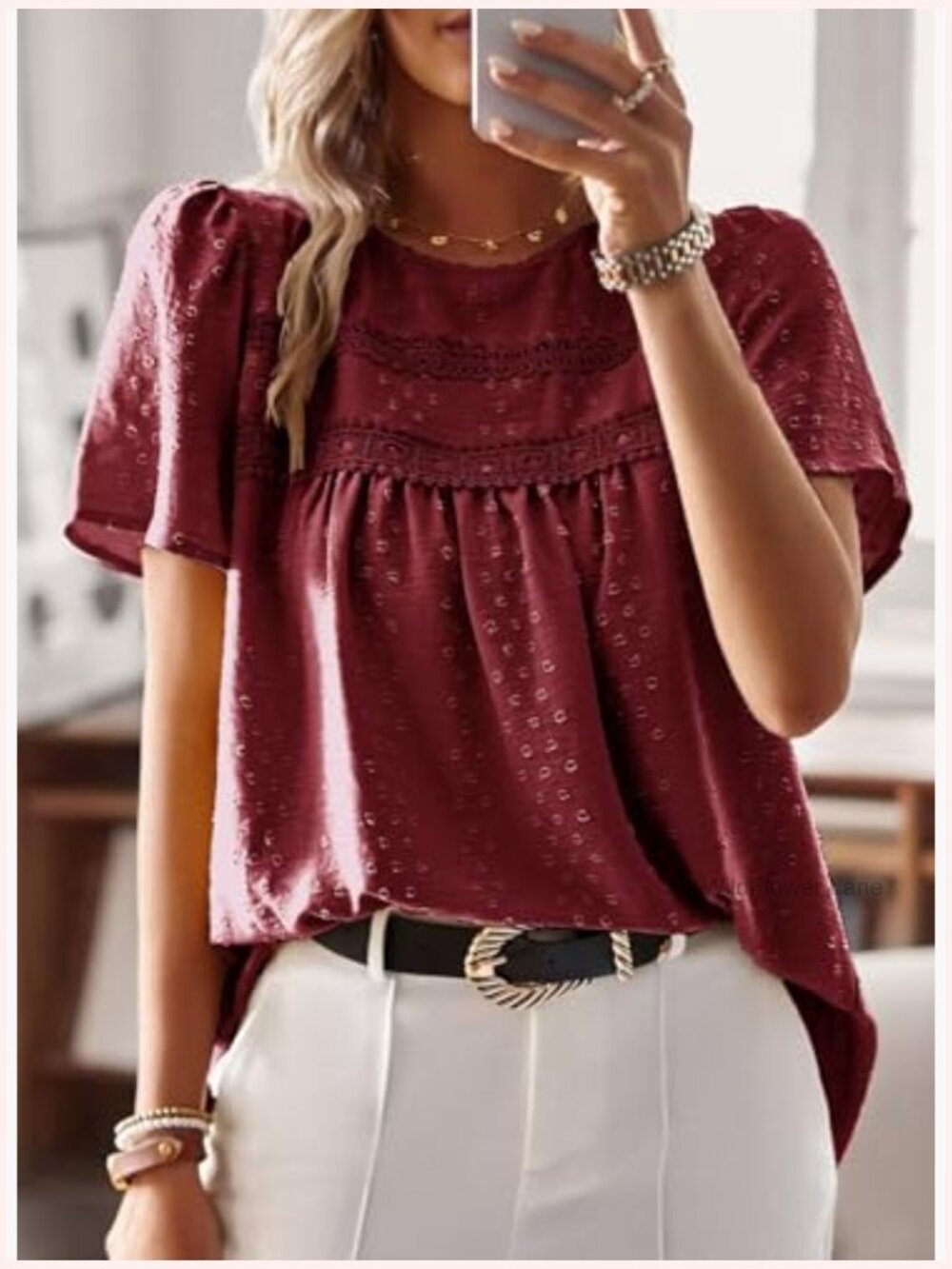 Crewneck Short Sleeve Blouse Flowy Lace Hem Boho Tunic - Picture 4 of 7